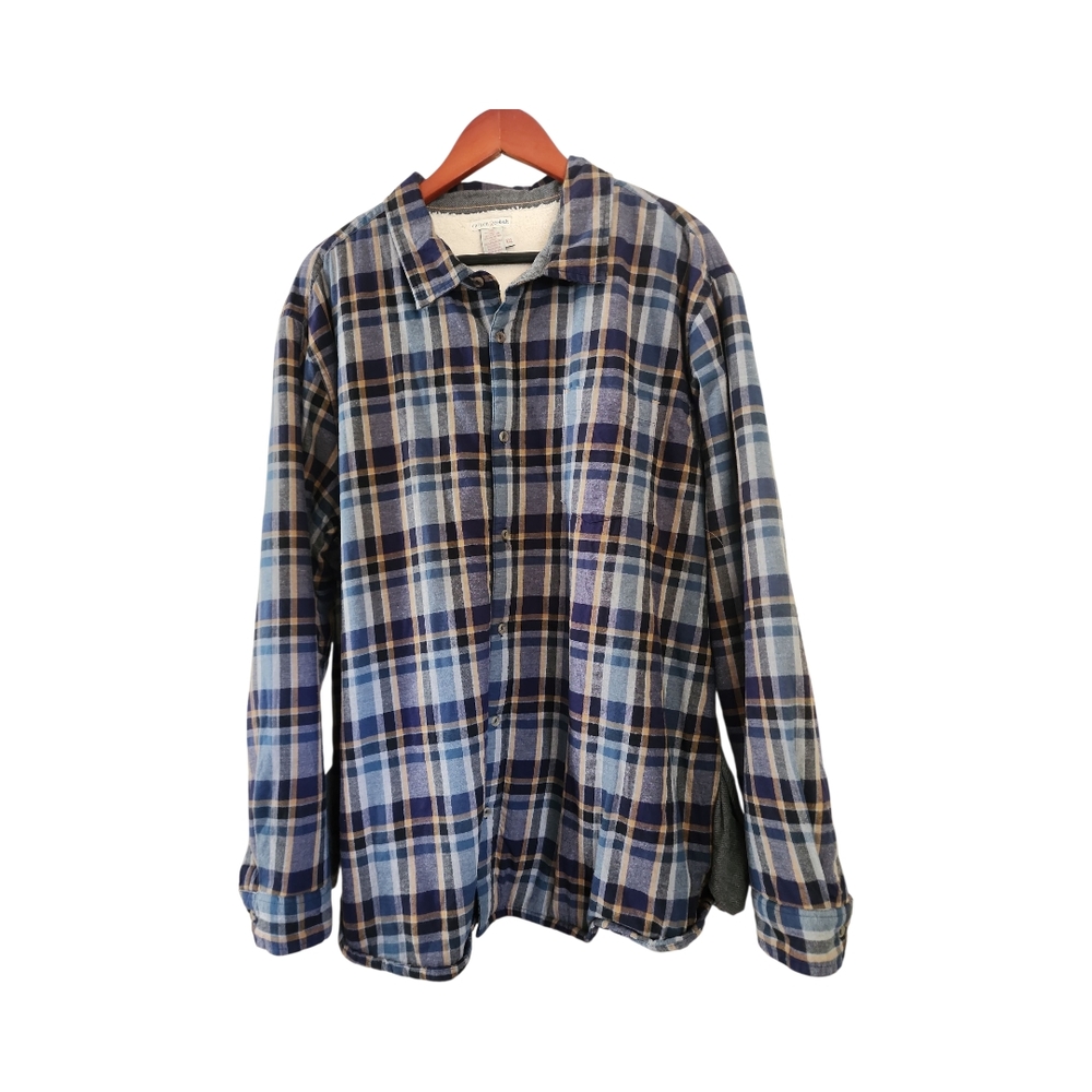 Carbon2Cobalt Sherpa Lined Blue And Gold Plaid Button Down Shirt Jacket